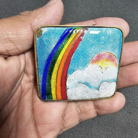 Vintage Brass Squared Hand Painted Rainbow With Clouds Enameled Belt Buckle - Picture 3 of 11